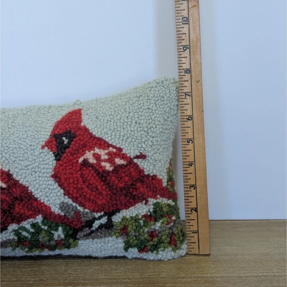Cardinals Red Birds Wool Latch Hook Velvet Lumbar Decorative Pillow 24